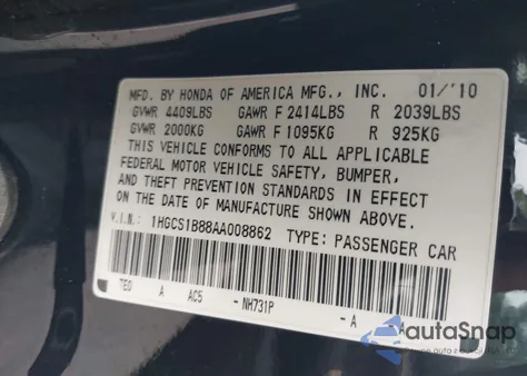 2010 Honda Accord 2.4 Ex-L from USA, damaged, VIN 1HGCS1B88AA008862